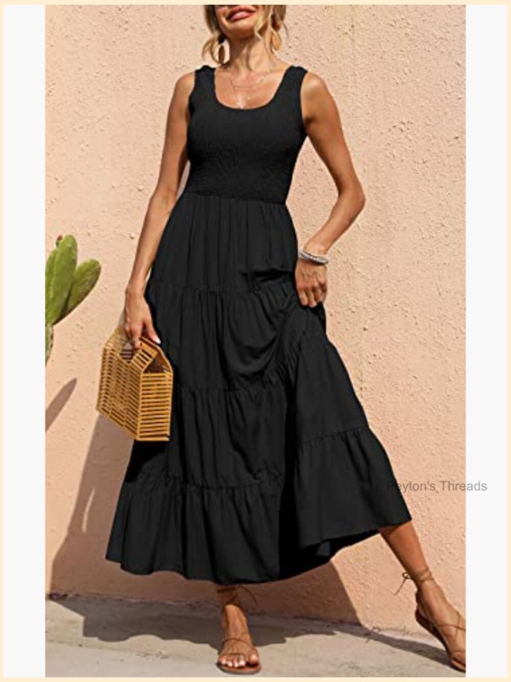 Smocked Tank Maxi Dress Sleeveless Tiered Beach Long Dress - Picture 3 of 7